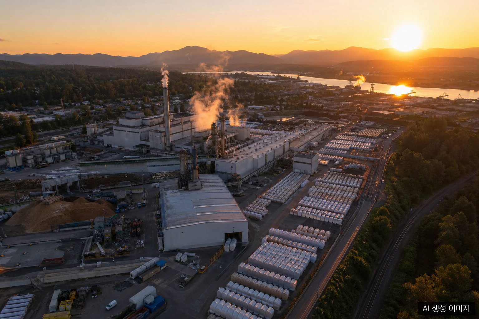Aerial view of a Pacific Northwest containerboard mill at sunset with kraft paper rolls stacked outdoors