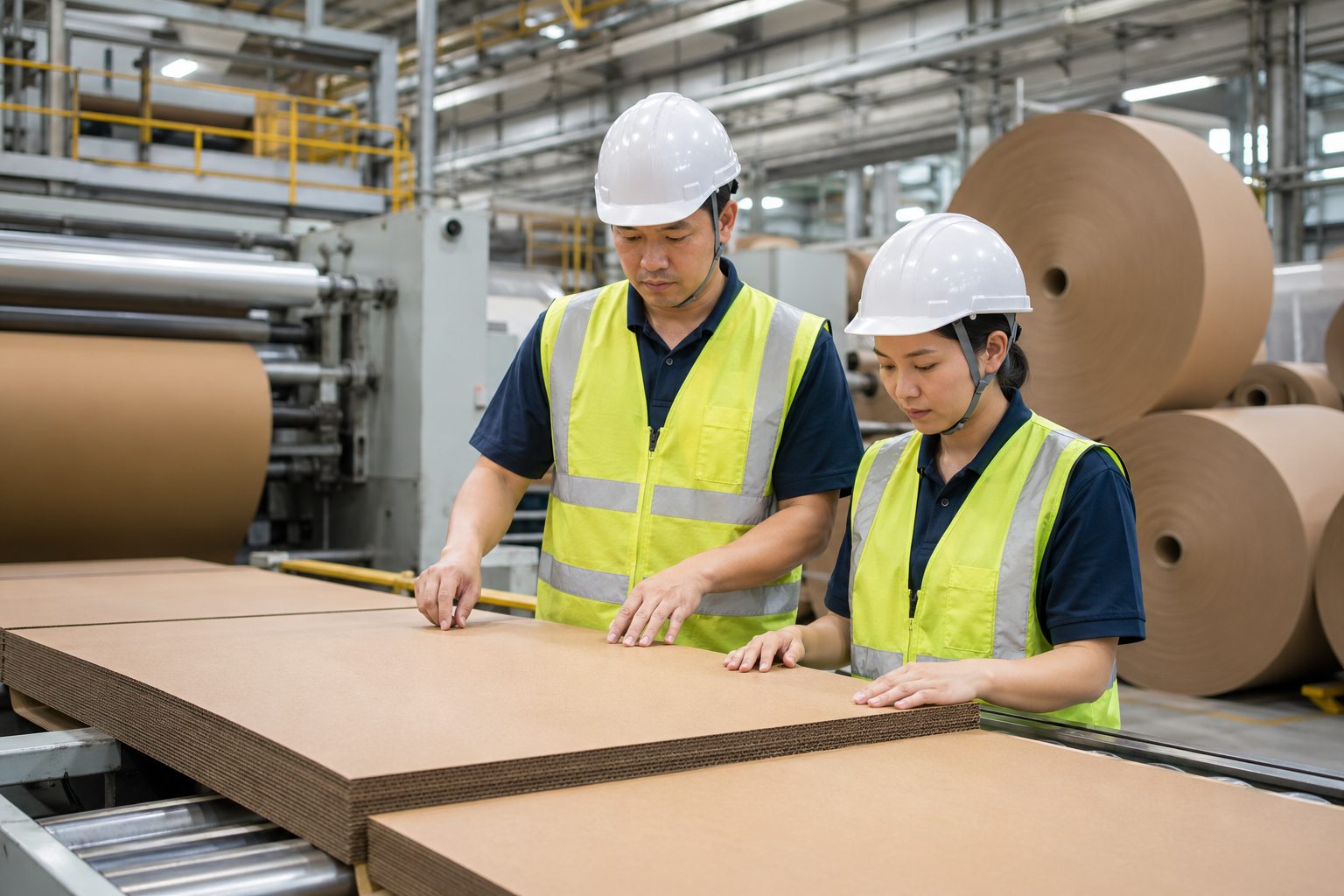 Korean cardboard packaging factory workers inspecting recycled lightweight corrugated containerboard sheets